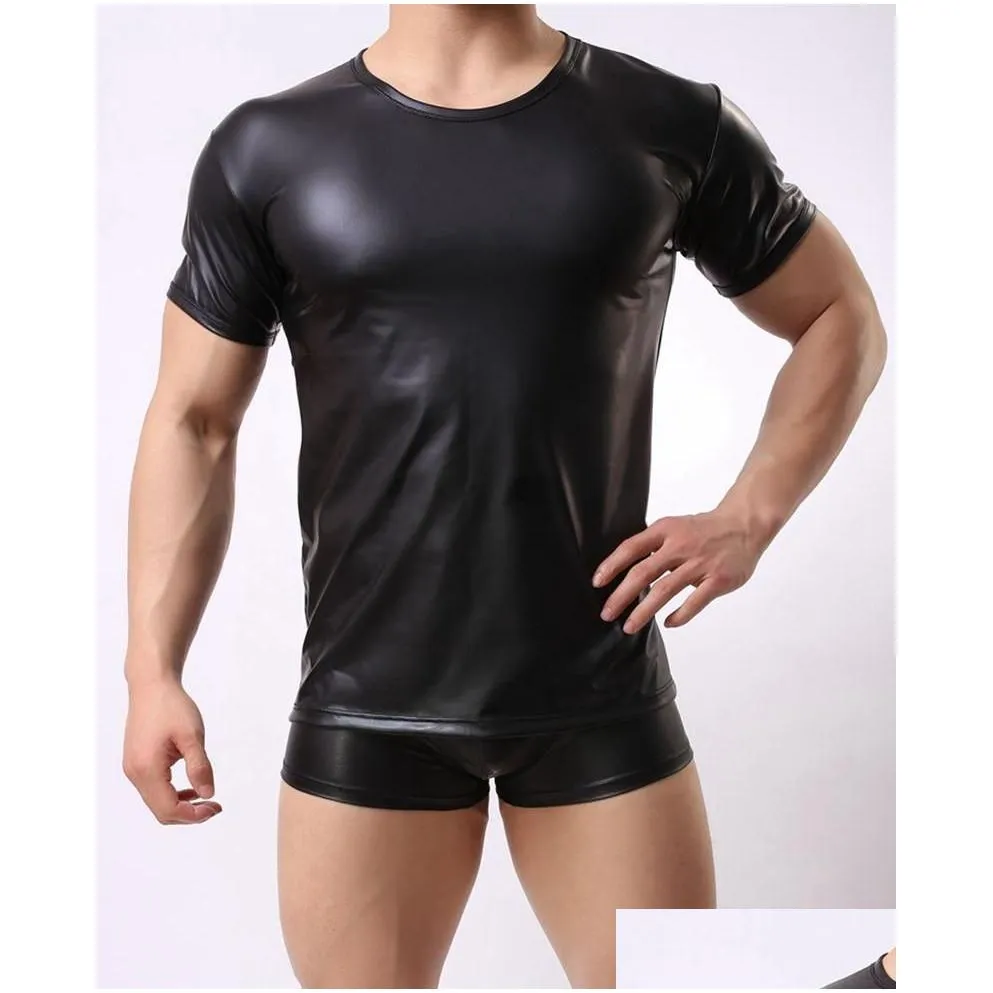 men`s t-shirts men patent leather short sleeve t shirts pu sexy fitness tops gay latex t-shirt stage tee party clubwear