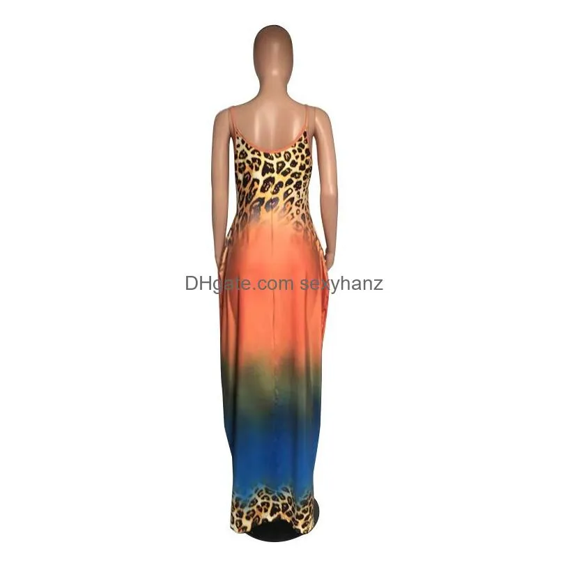 leopard rainbow print cami maxi dress women summer clothes woman casual long gradient color printed vestdos with pockets