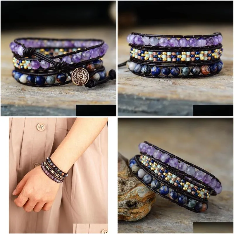 cool black leather wrap bracelets w/ natural stone beaded triple statement strand bracelet bijoux femme bohemian beads jewelry y200730