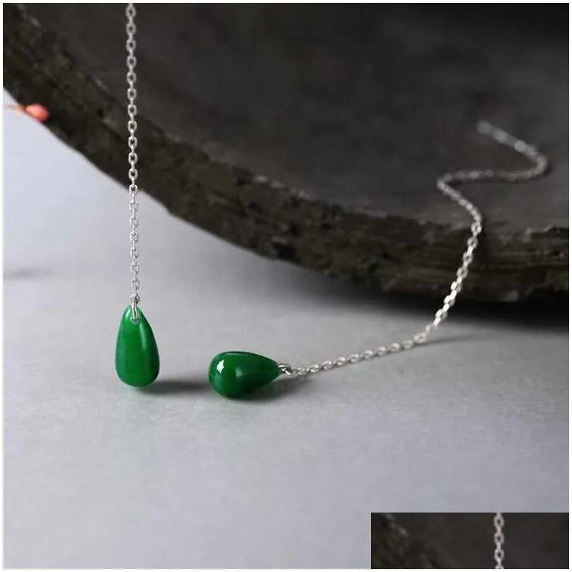 ruifan teardrop green natural jade dangle long earrings for women 925 sterling silver line threader earring jewelry yea106 210317