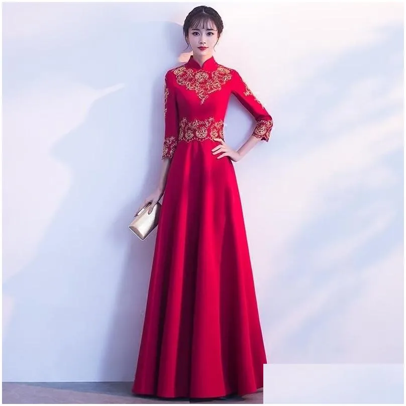 red embroidery chinese evening dress long bride wedding qipao oriental style party dresses bridesmaid robe ceremonie fille gowns ethnic