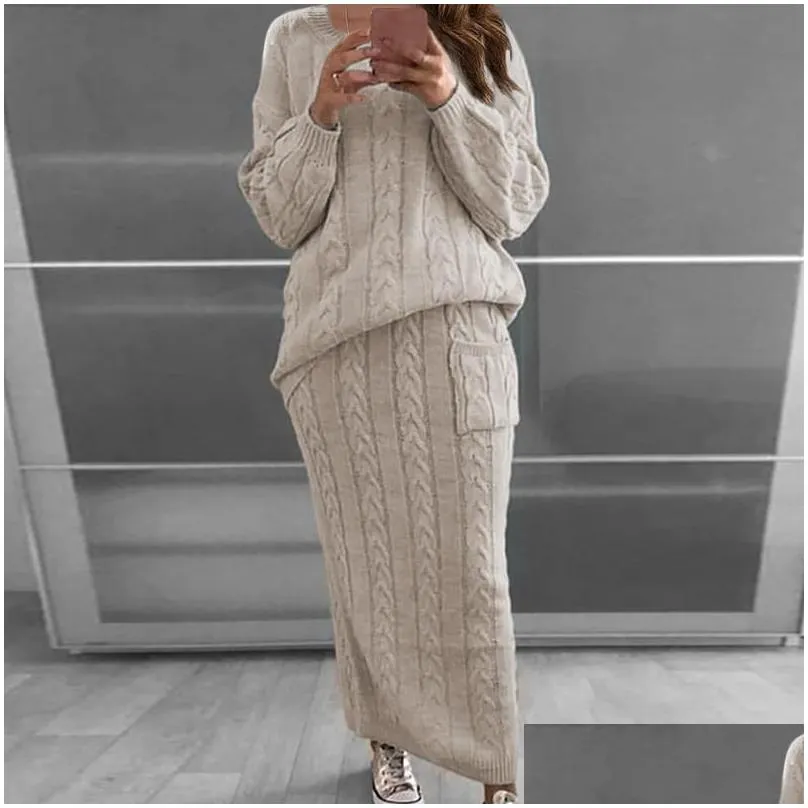 women`s tracksuits 2021 neue knitted sweater and skirt two piece set women autumn slim crop tops skirts 2 sets womens outfits1