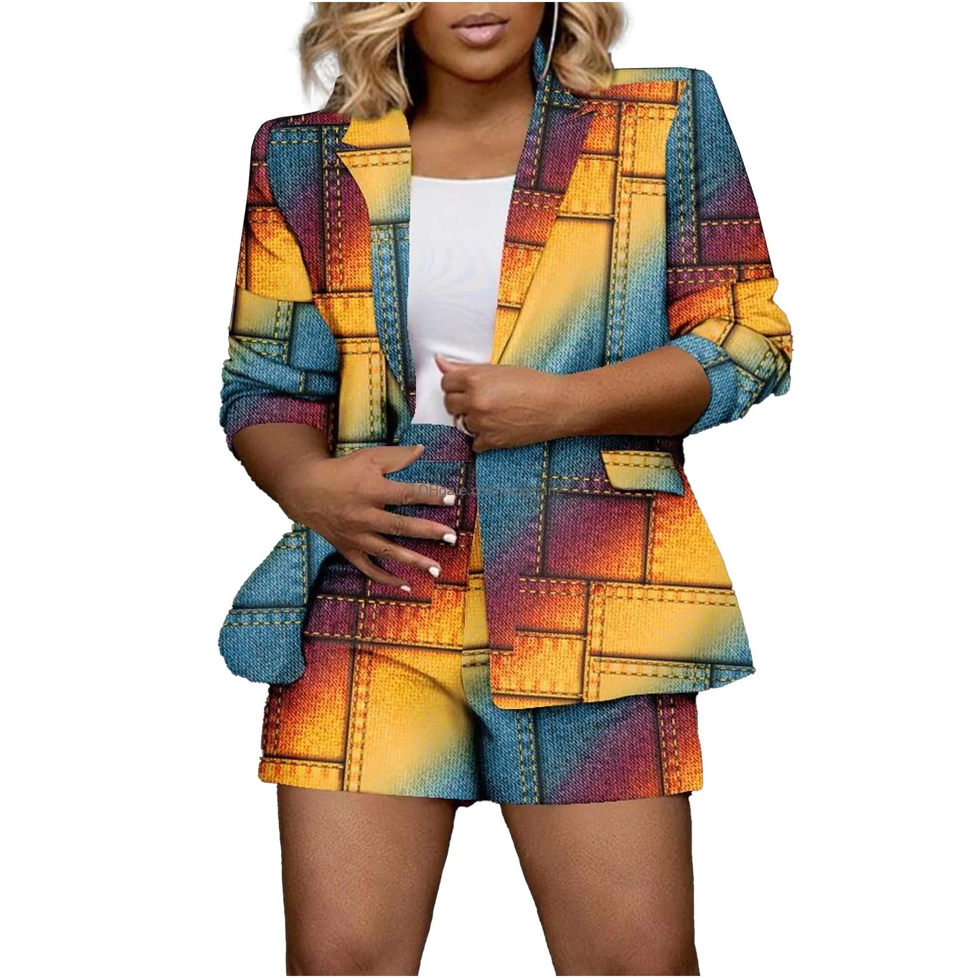 women two piece outfits blazers suits office work stripes checked print 2 piece shorts set pattern printed long sleeve button jacket short pant casual