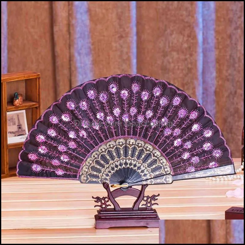 chinese folding fan party favor classical dance elegant colorful embroidered flower peacock pattern sequins female plastic handheld fans gifts wedding