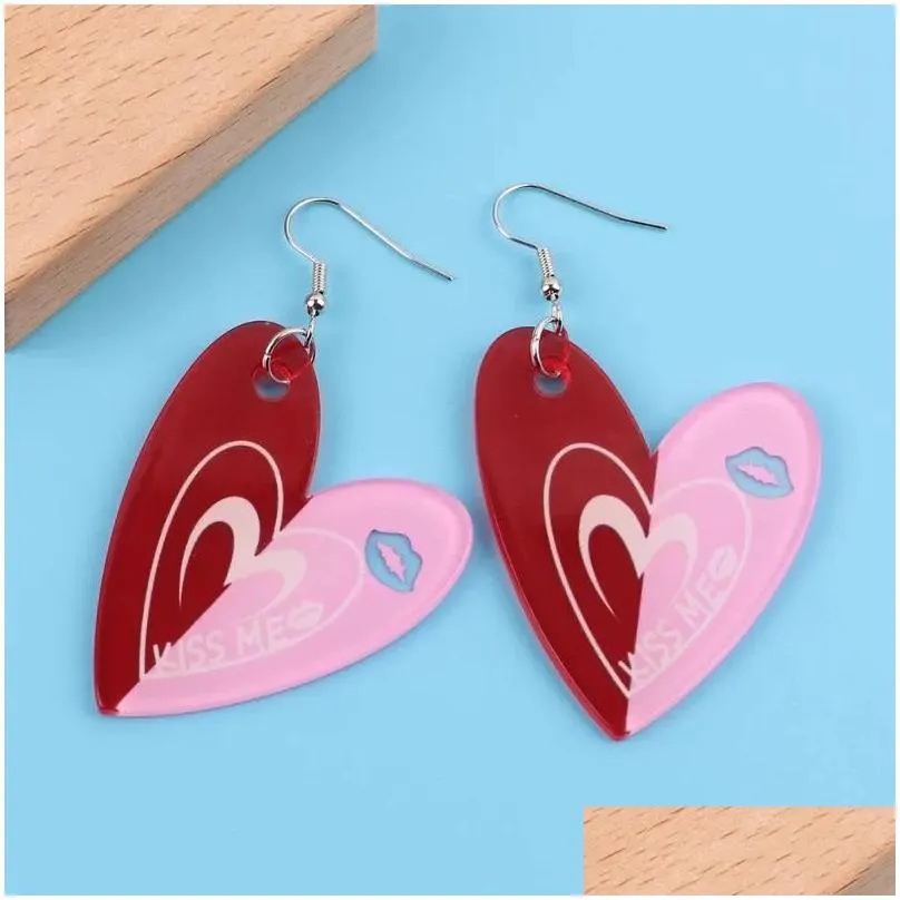 dangle earrings fishsheep valentine`s pink acrylic heart love for women red lips shape long girls jewelry gifts