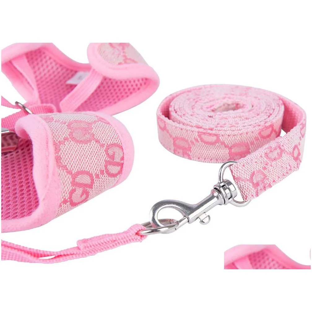 designer dog harness and leashes set classic pattern pets collars leash breathable mesh pet harnesses for small dogs poodle schnauzer