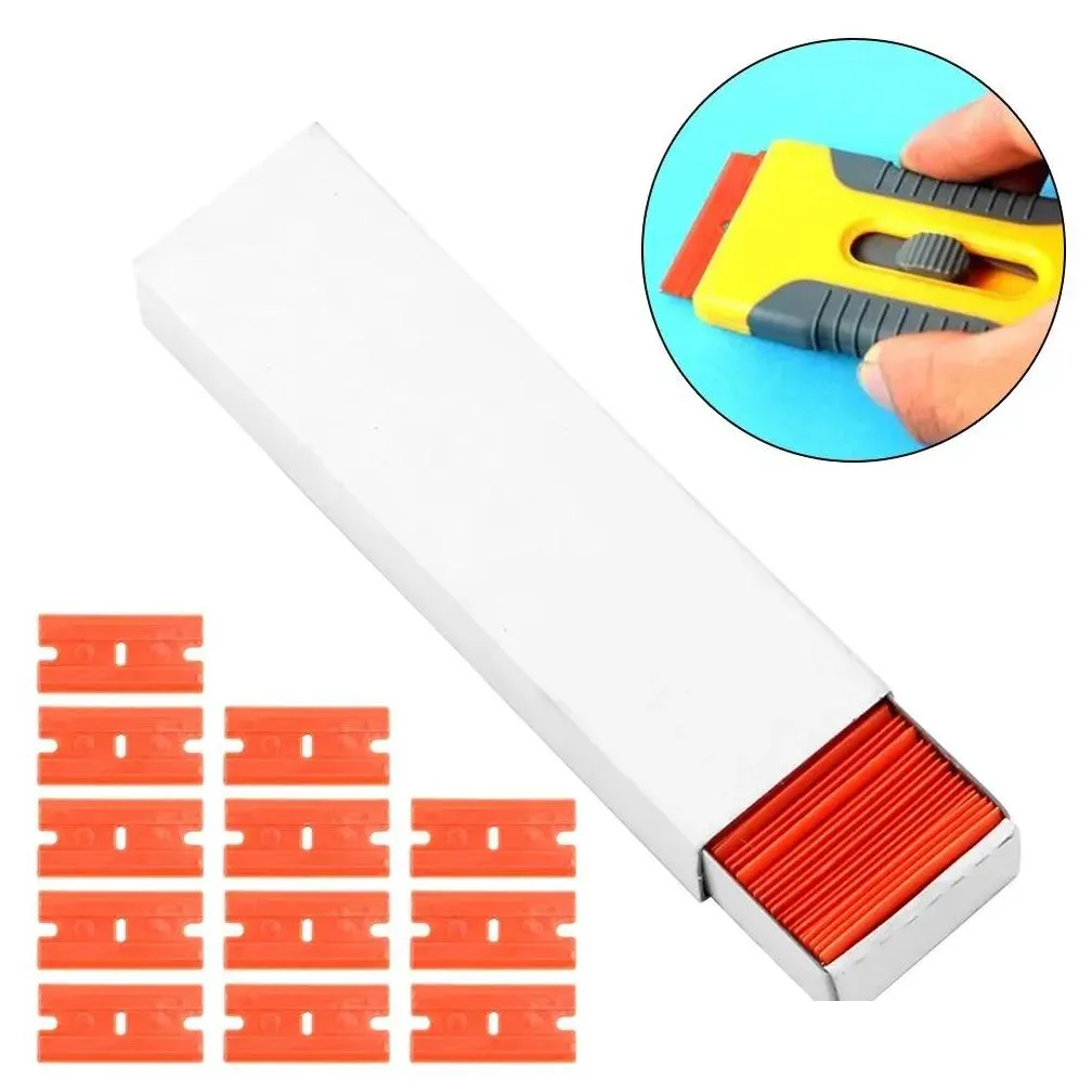 100pcs window glass clean scraper double edged plastic razor blade lable glue remover car wrap sticker squeegee