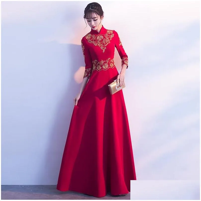 red embroidery chinese evening dress long bride wedding qipao oriental style party dresses bridesmaid robe ceremonie fille gowns ethnic