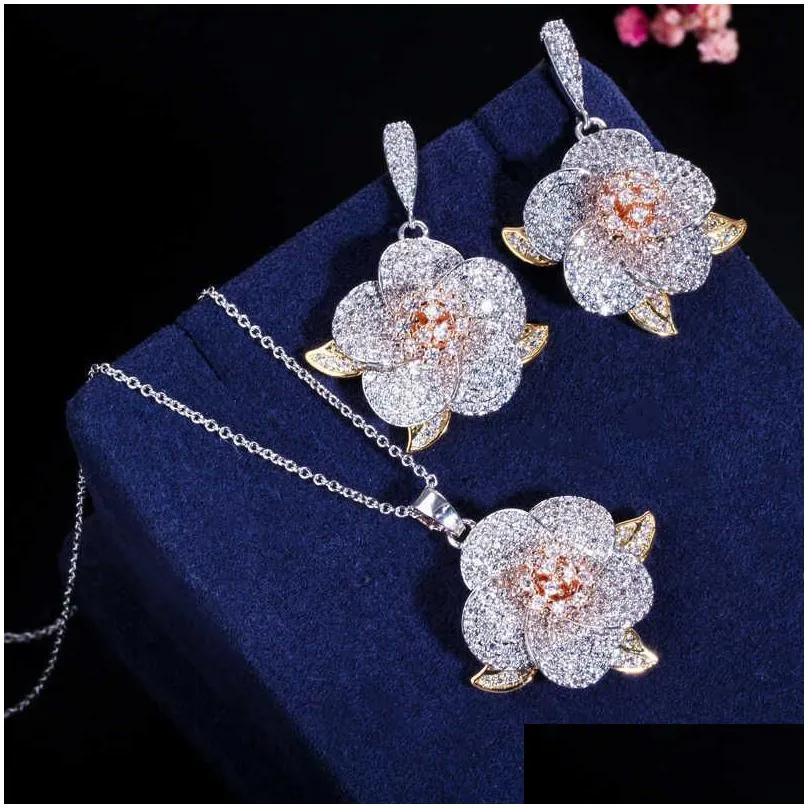 3 tone rose gold full micro pave cubic zirconia ladies flower pendant necklace and earrings jewelry sets t063 210714