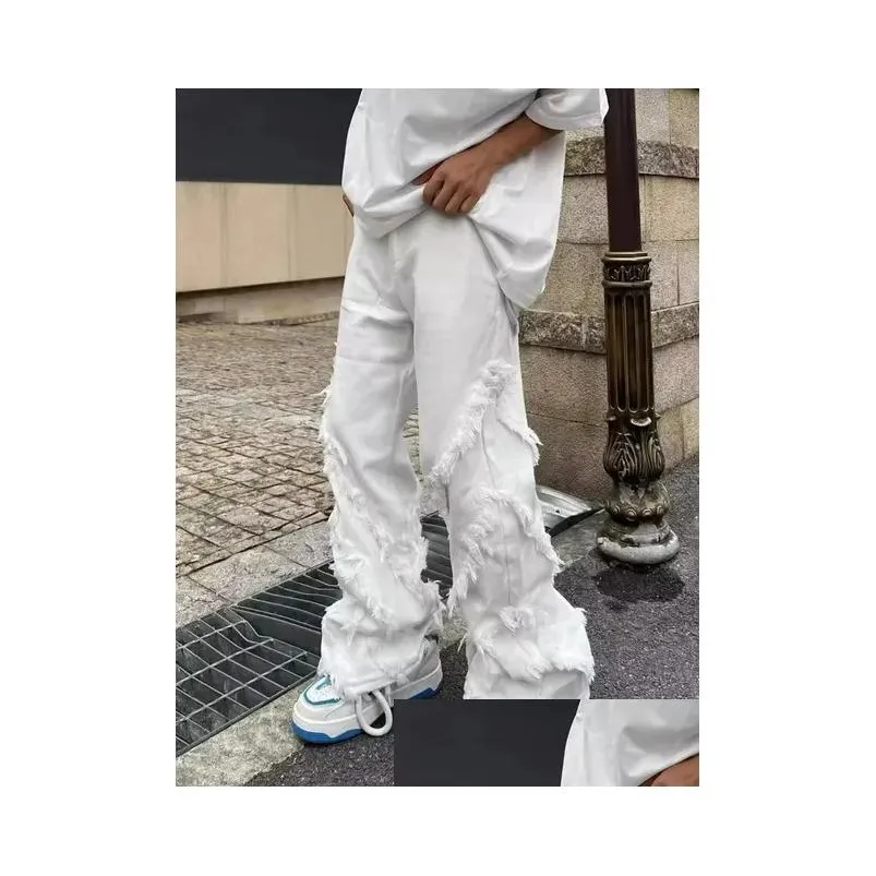 women`s jeans american style erosion damage raw edge street men`s harajuku hip hop dance straight white y2k clothing 231102
