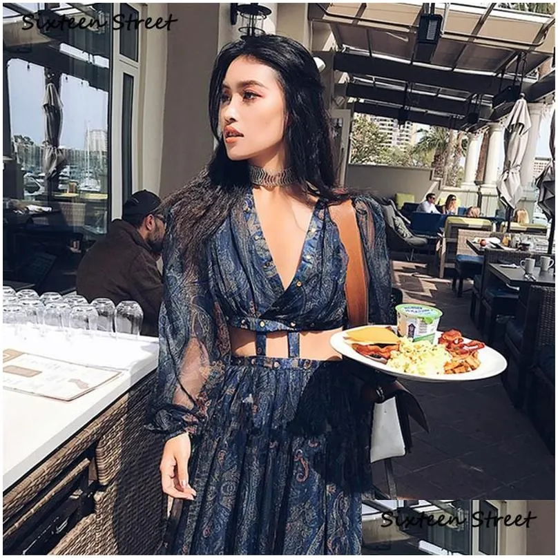 casual dresses bohemian blue printed vacation dress woman v neck desert beach maxi bodycon sexy long sleeve party rivets