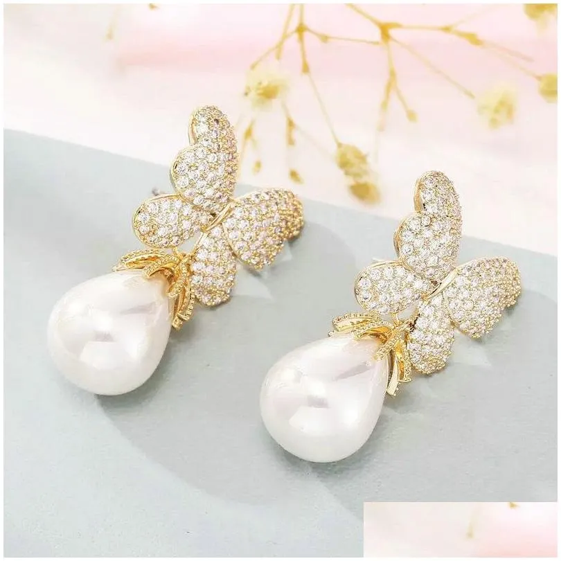 sinzry hotsale gorgeous simulated pearl cubic zircon butterfly flower jewelry accessory trendy dangle earrings for women 210317