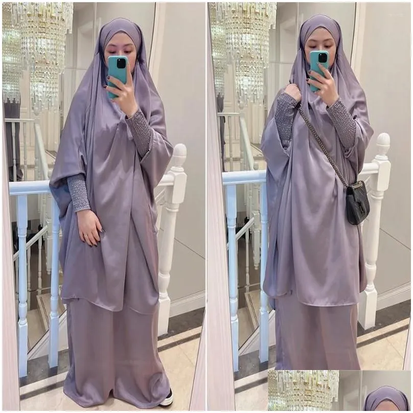 ethnic clothing women muslim prayer garment plain 2 piece jilbab set nida hooded abaya khimar hijab long skirt islam clothes dubai