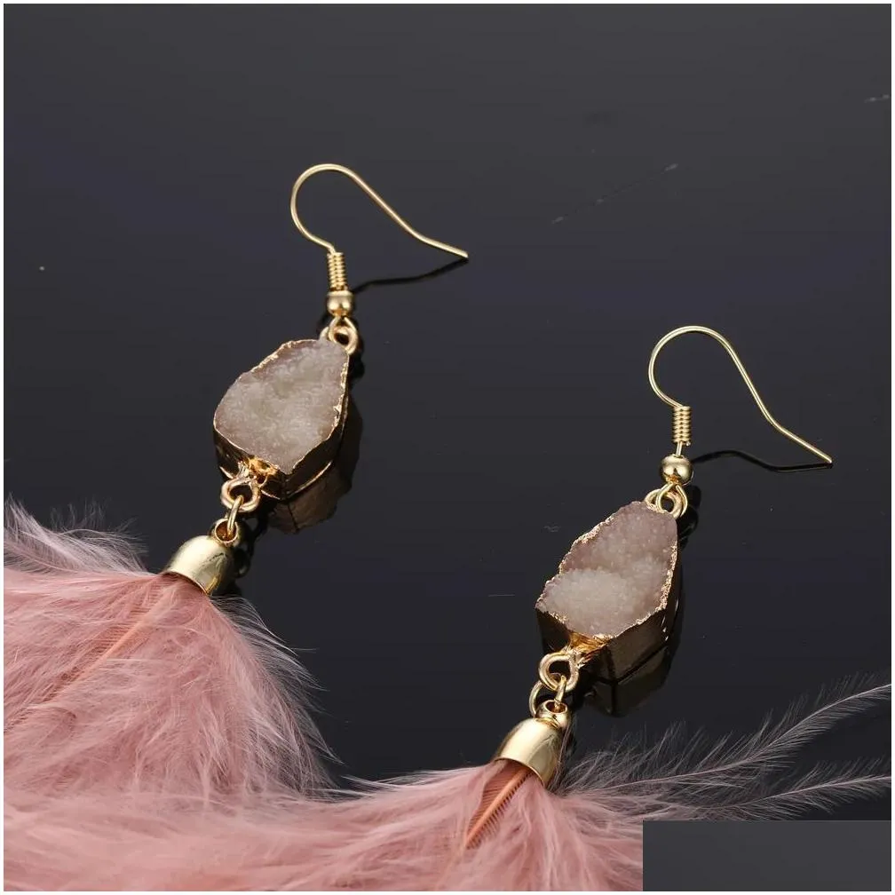stud long crystal tassel dangle drop earrings jewelry for women bohemian genuine feather plush earrings wedding jewelry 231116