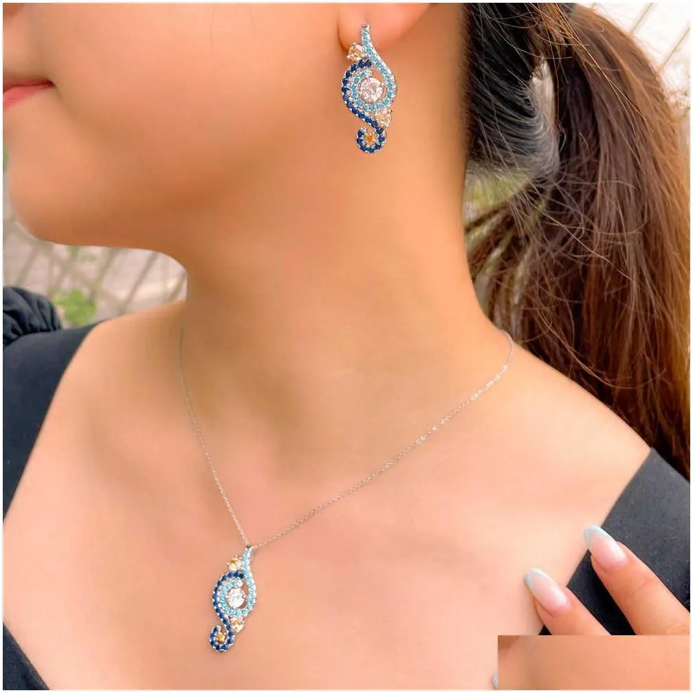 multicolor light blue cubic zirconia stone drop earrings and necklace trendy engagement jewelry sets for women t541 210714