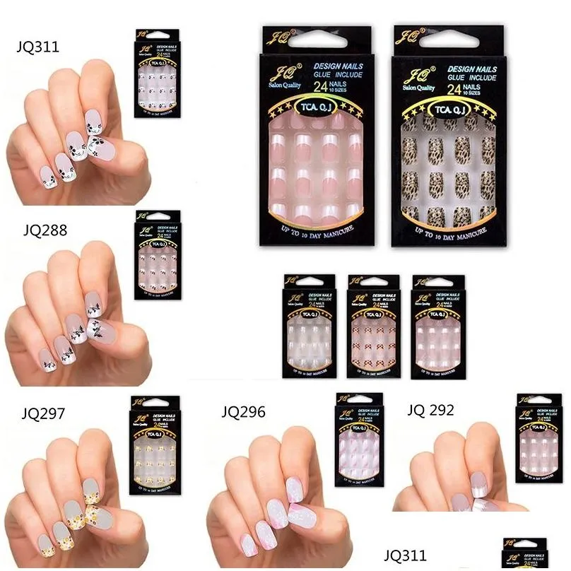 24 pcs stunning designs french false nails abs resin fake nail set full manicure art tips