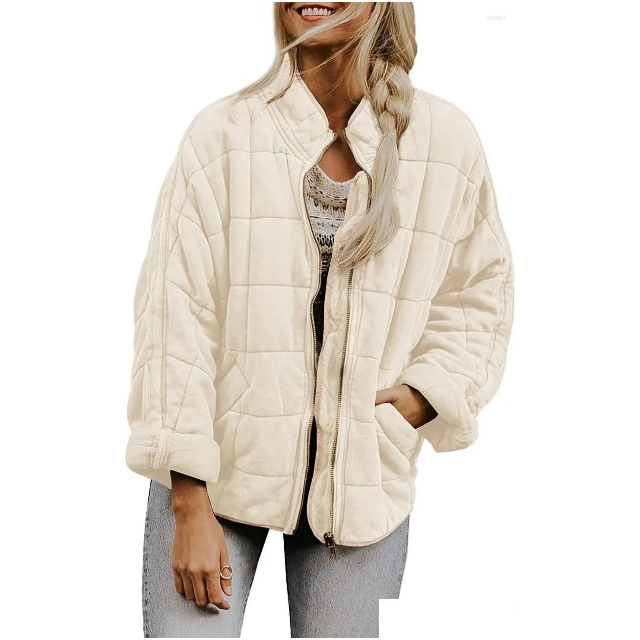 Women`S Jackets Womens Jackets Solid Green Plaid Work Long Sleeve Women Dolman Jacket Zipper Loose Gray Streetwear Female Cardigan Win Dhsr2