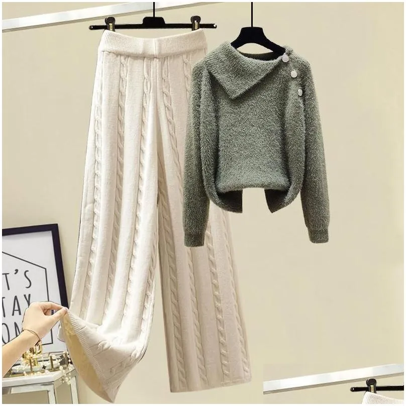 women`s two piece pants plus size winter warm 2 set women pullover sweater top + wide leg knitted suit tracksuit clothes outfits
