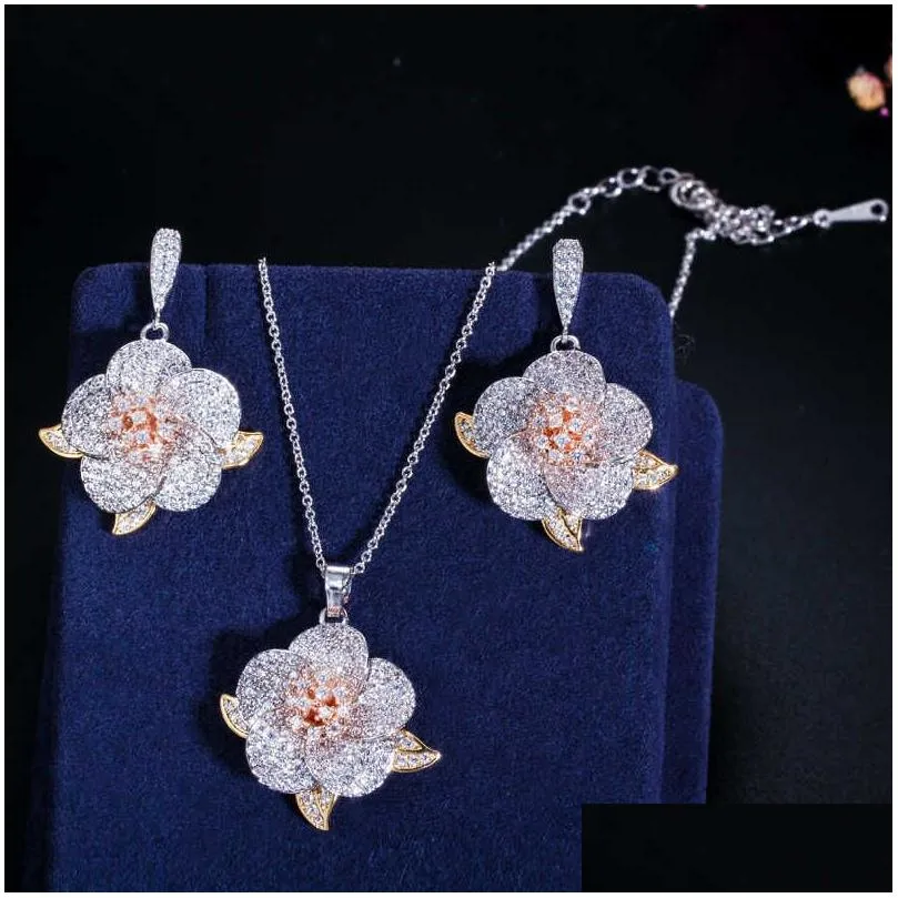 3 tone rose gold full micro pave cubic zirconia ladies flower pendant necklace and earrings jewelry sets t063 210714