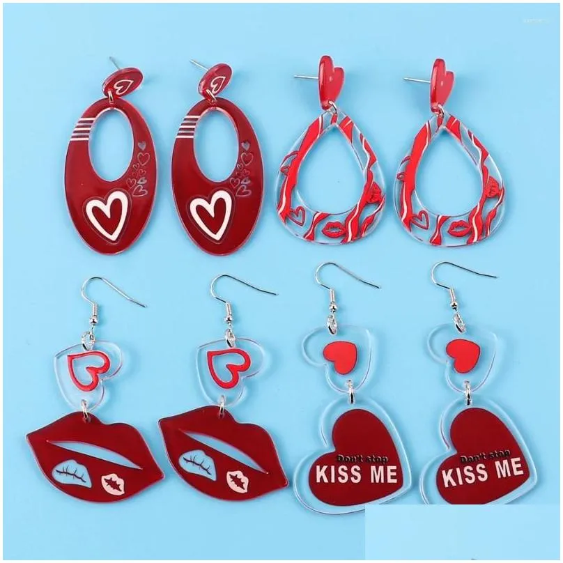 dangle earrings fishsheep valentine`s pink acrylic heart love for women red lips shape long girls jewelry gifts