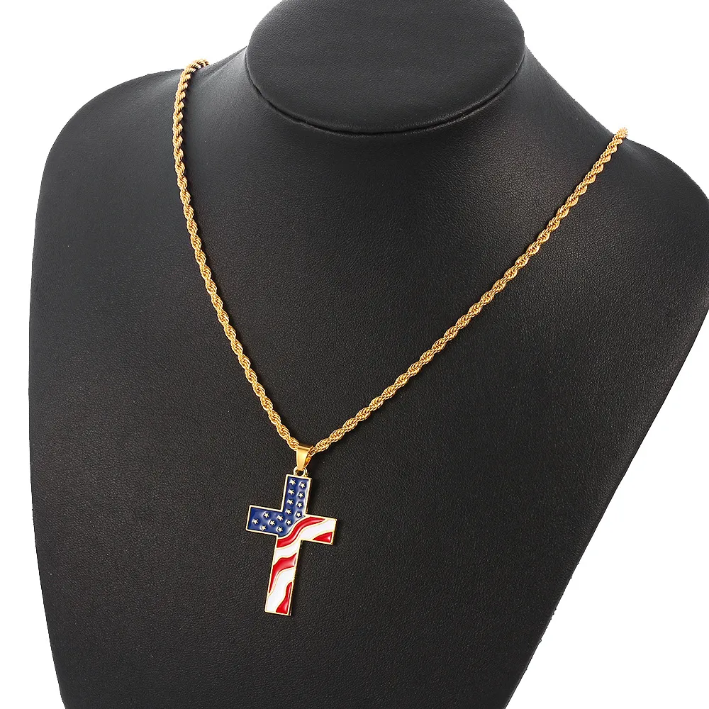 Fashion American Stars Cross Pendant Necklaces Stainless Steel US Flag Necklace