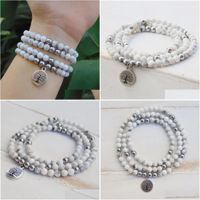 108 prayer beads bracelet 6mm natural howlite beaded wrap bracelet tree of life mala wrist women men y200730