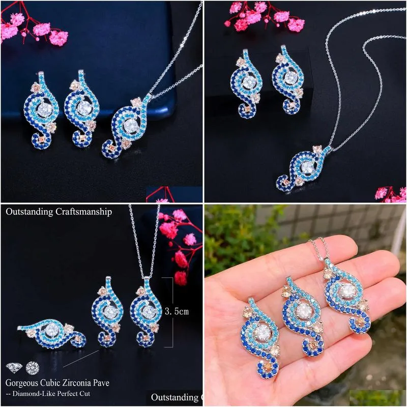 multicolor light blue cubic zirconia stone drop earrings and necklace trendy engagement jewelry sets for women t541 210714