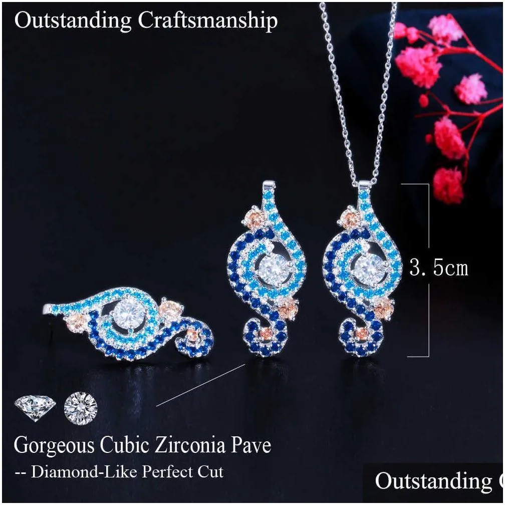 multicolor light blue cubic zirconia stone drop earrings and necklace trendy engagement jewelry sets for women t541 210714