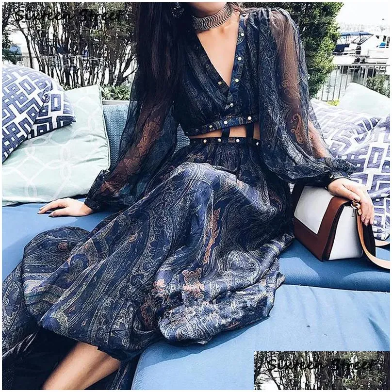 casual dresses bohemian blue printed vacation dress woman v neck desert beach maxi bodycon sexy long sleeve party rivets