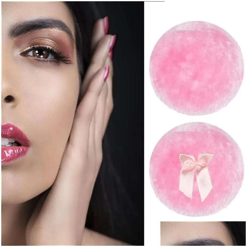 makeup sponges applicators & cotton large fluffy powder puff for face body round loose with ribbon bow handle transparent storage box