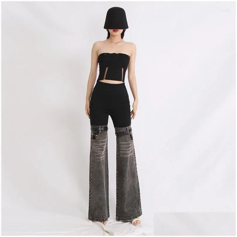 women`s jeans vanovich 2023 autumn and spring contrast color patchwork high waist slim wide leg pants denim lace-up full length
