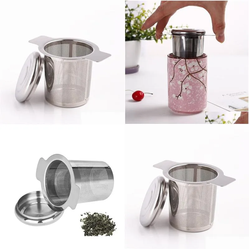 tea strainer lid teas infusers basket reusable fine mesh tea coffee filters stainless steel with double handles leaf teapot tea tools