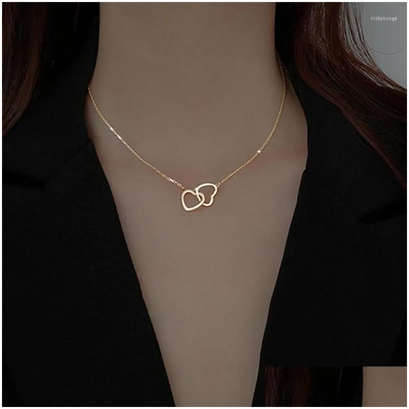 Pendant Necklaces Interlocked Double Heart Necklace Stainless Steel Hollow Clavicle Women Sisters Jewelry Gold Sier Drop Delivery Dhmgz