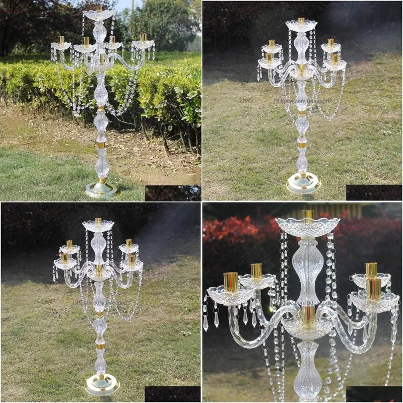 Candle Holders Holders New 90Cm Height Acrylic 5Arms Golden Color Metal Candelabras With Crystal Pendants Wedding Candle Holder Center Dh9Fs