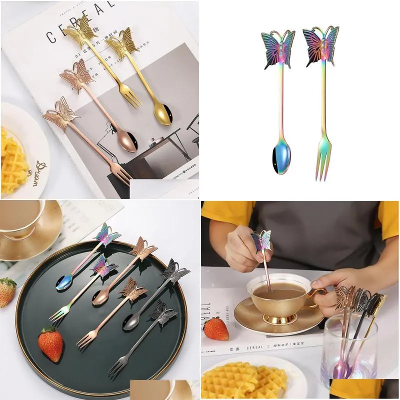 creative butterfly spoon fork stainless steel coffee stir spoons cake fruits forks hanging honey stir scoop forkd home tableware bh8132