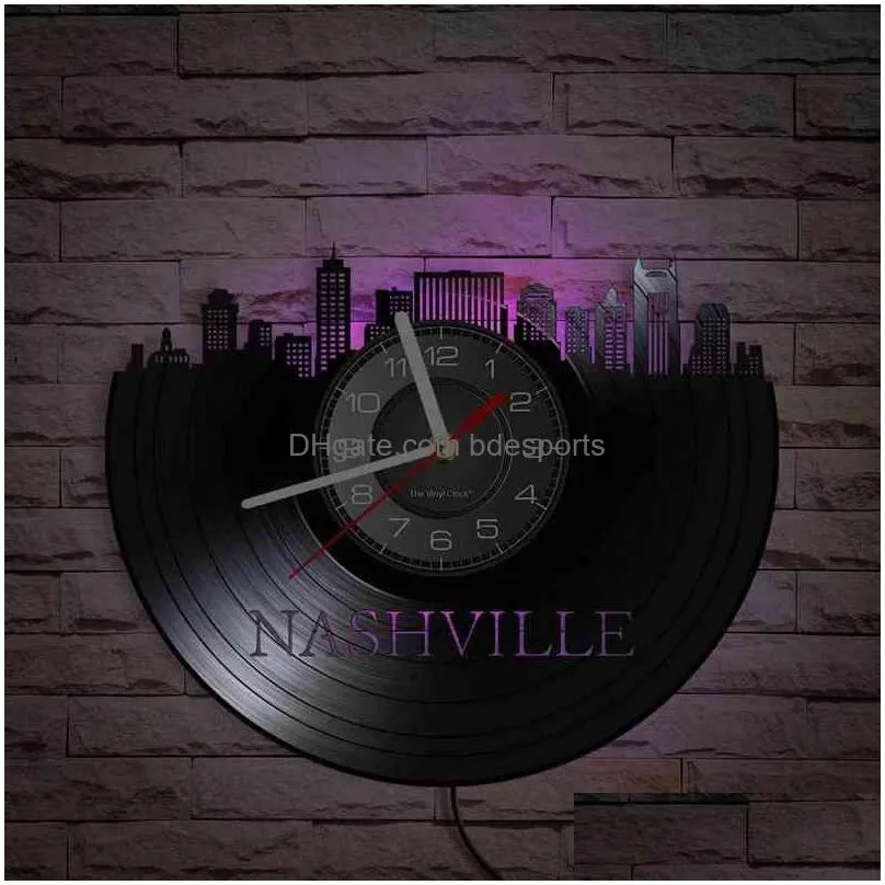 Wall Clocks Clocks Nashville Skyline Carved Vinyl Record Shadow Art Wall Clock Office Decor Tennessee Cityscape Disk Crafts Retro Time Dhazs