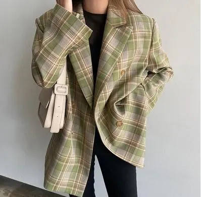 2021 spring and autumn casual loose double-breasted womens suit tide plaid small suit jacket woman