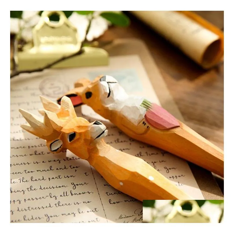 wholesale 200pcs lot animal wooden carving creative ballpoint pen wood ball point pens handmade sculpture student ball-point