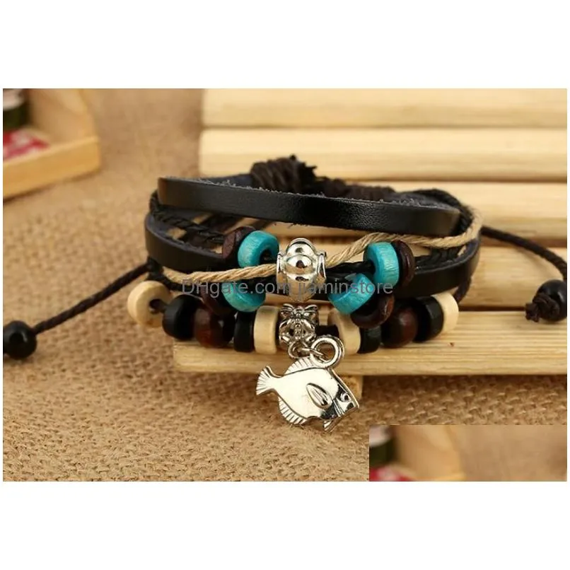 Charm Bracelets New Bk Mix Styles Beads Pendant Leather Bracelet Metal Cuff Skl Punk Rock Sport Bracelets Mens Womens Jewelry Drop De Dh8Ph