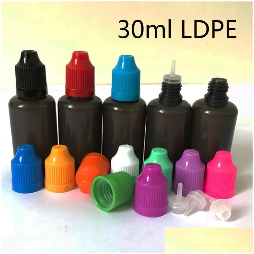wholesale 10ml 30ml black dropper bottle plastic empty bottles with long and thin tips tamper proof childproof safety cap e liquid needle