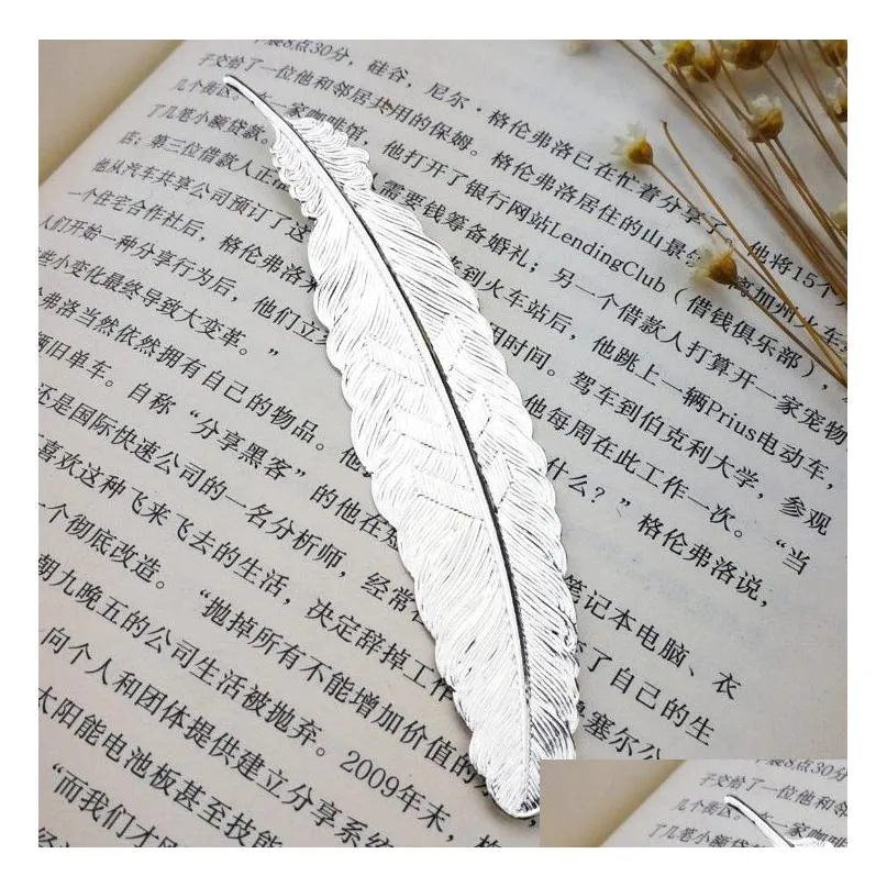 wholesale 7 colors metal feather bookmark document book mark label golden silver rose gold bookmark office school supplies