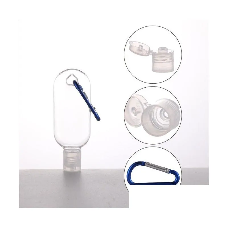 wholesale 30ml hand sanitizer bottle for disinfectant liquid flip top cap with key ring hook transparent plastic bottle