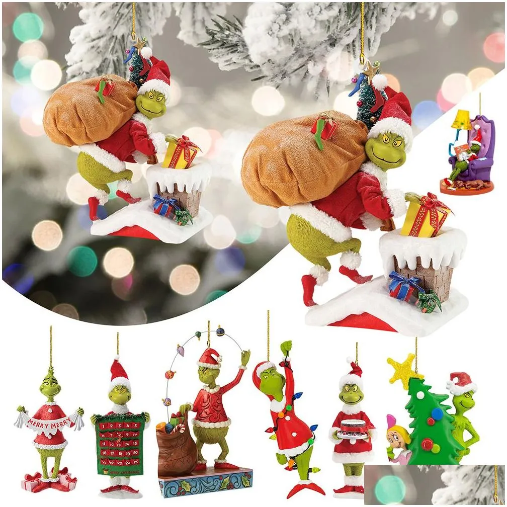 Christmas Decorations Christmas Tree Ornaments Decoration Pendant Cute Acrylic Green Monster Decor For Home Holiday Drop Delivery Home Dhvqx