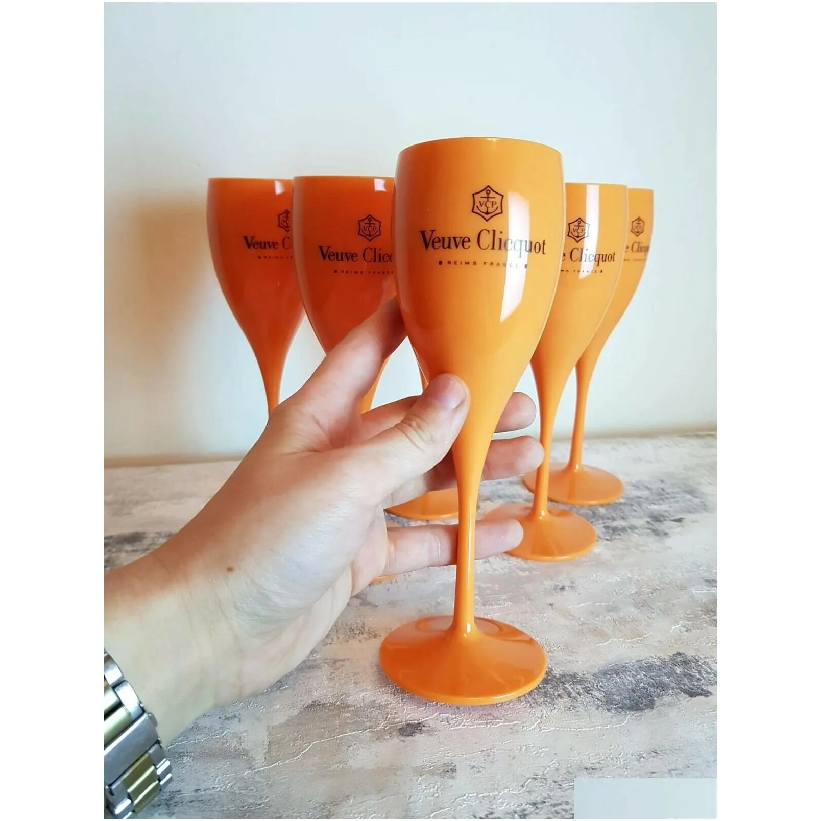 Wine Glasses 6X Veuve Clicquot Acrylic Plastic Champagne Orange Flutes Wine Glasses Drop Delivery Home Garden Kitchen, Dining Bar Drin Dhcza