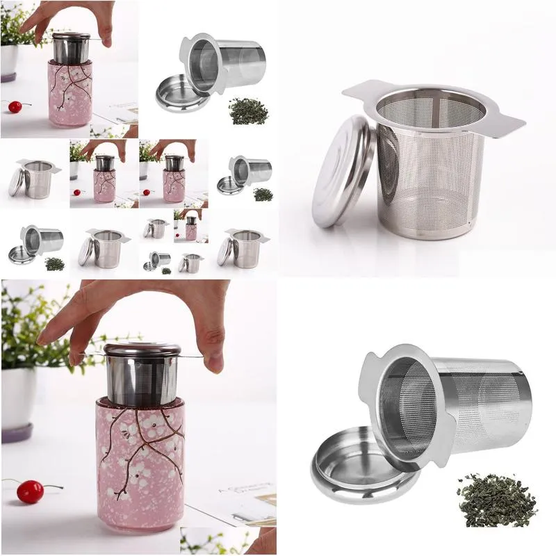 tea strainer lid teas infusers basket reusable fine mesh tea coffee filters stainless steel with double handles leaf teapot tea tools