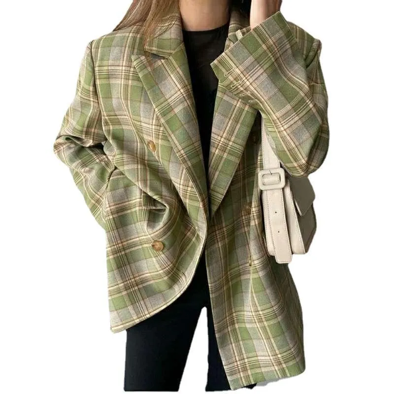 2021 spring and autumn casual loose double-breasted womens suit tide plaid small suit jacket woman