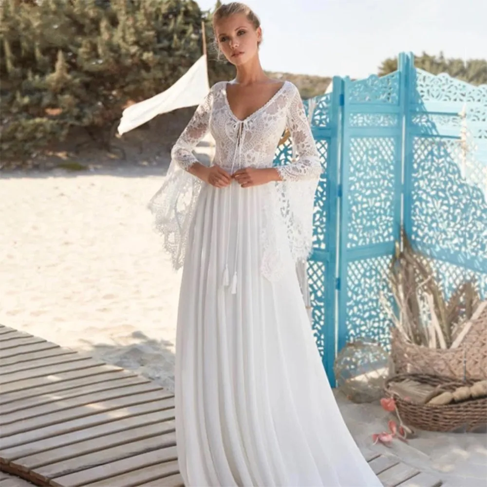 Fabulous Lace Flare Full Sleeves Wedding Dresses For Women Boho Beach Country V Neck A Line Chiffon Bridal Gowns Sweep Train Plus Size Backless Robes de Mariee CL3240