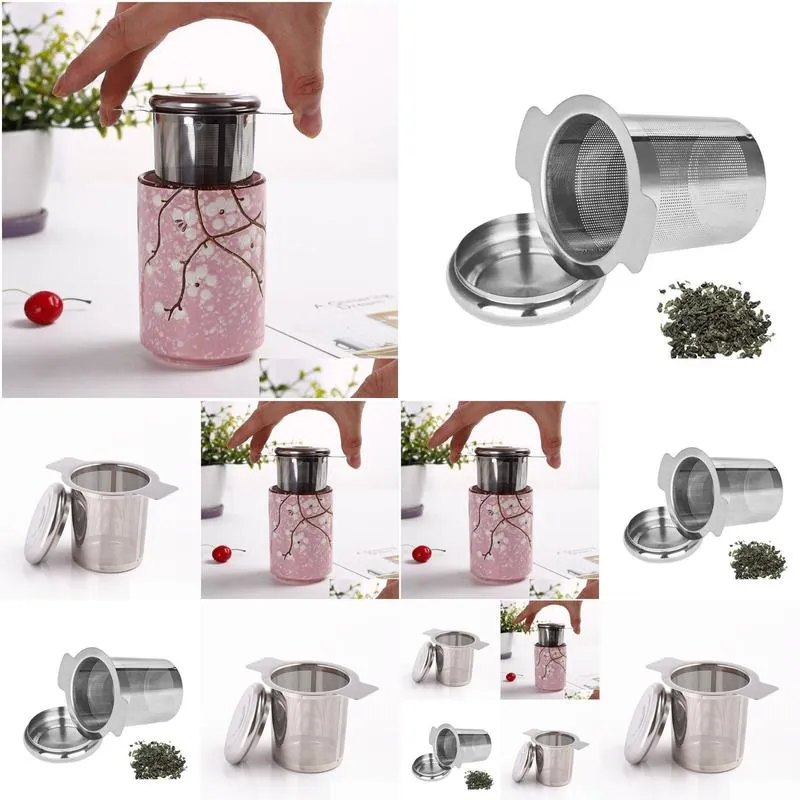 tea strainer lid teas infusers basket reusable fine mesh tea coffee filters stainless steel with double handles leaf teapot tea tools