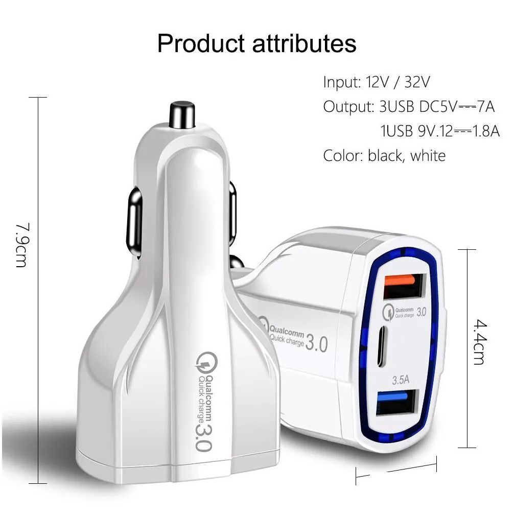 car  adapter qc 3.0 fast 3 port 7a/35w cigarette lighter usb type-c chargers quick charge dual-port with led light