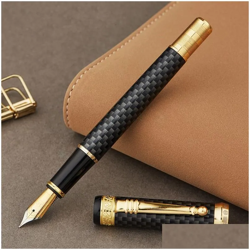 Fountain Pens Wholesale Hero 768 Carbon Fiber Grey Fountain Pen With Golden Clip Iridium Fine Nib 0.5Mm Fashion Writing Ink For Office Dholw